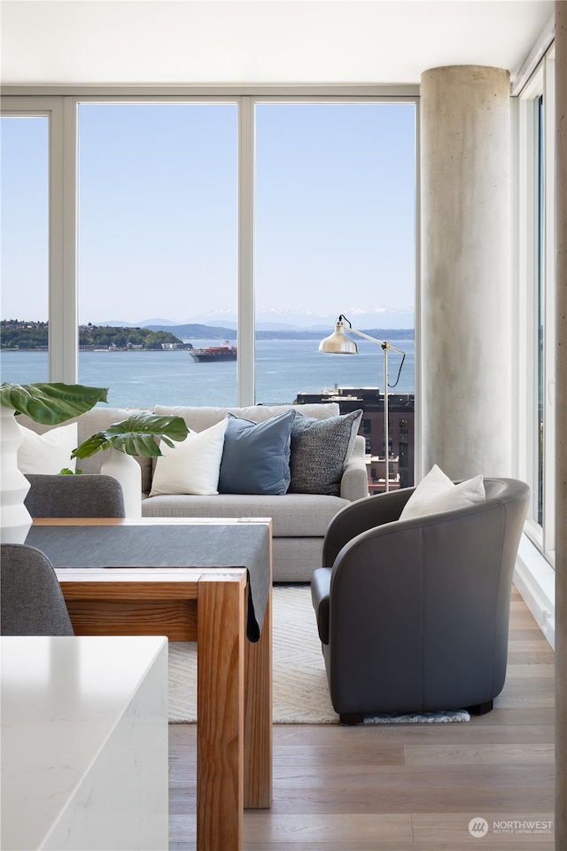 living room with hardwood / wood-style floors and a water view