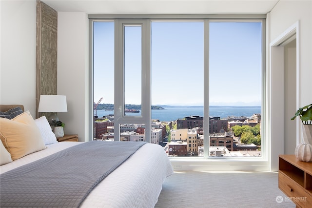 bedroom with a water view and floor to ceiling windows