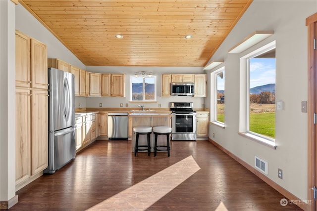 kitchen with appliances with stainless steel finishes, a kitchen bar, vaulted ceiling, dark hardwood / wood-style floors, and a center island