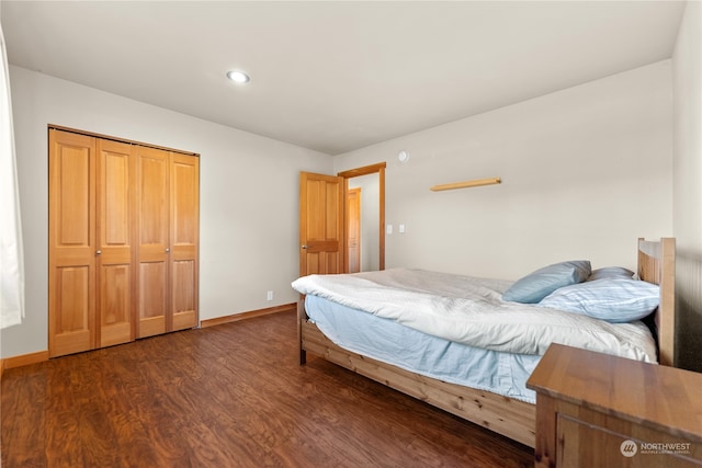 bedroom with a closet and dark hardwood / wood-style flooring