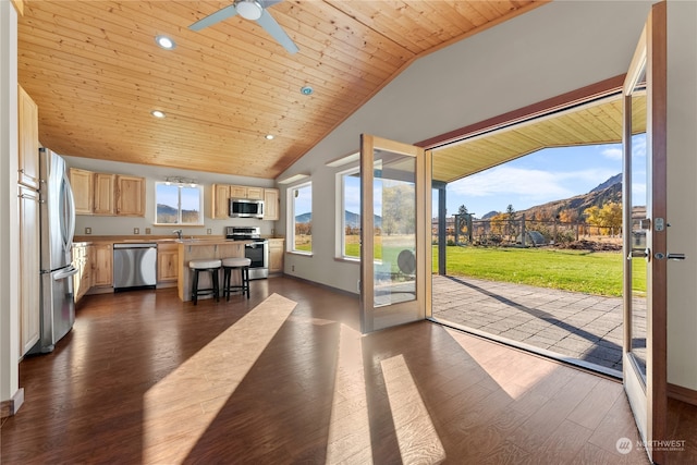 interior space with lofted ceiling, ceiling fan, dark hardwood / wood-style flooring, wooden ceiling, and a mountain view