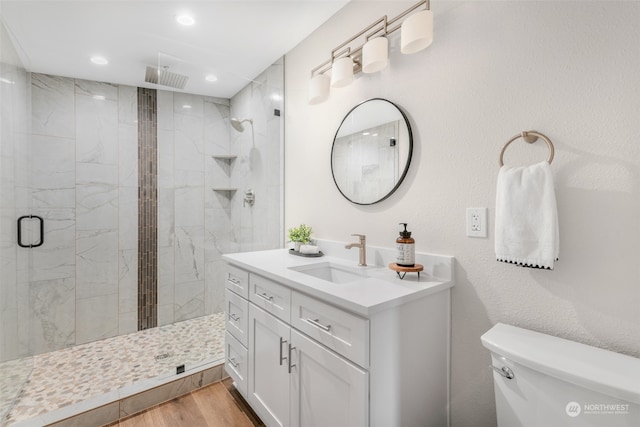 bathroom featuring toilet, vanity, wood-type flooring, and a shower with door