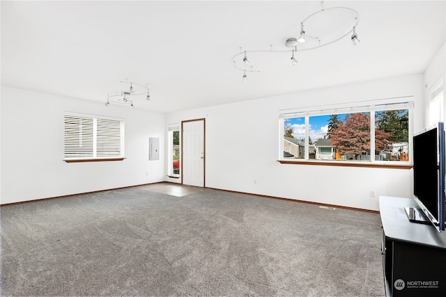 unfurnished living room with electric panel and carpet floors