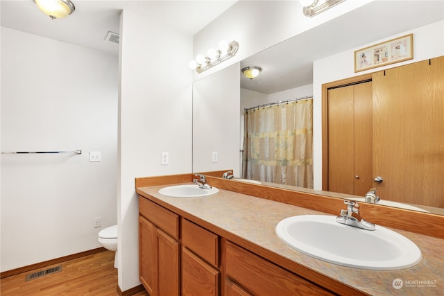 bathroom featuring vanity, wood-type flooring, and toilet