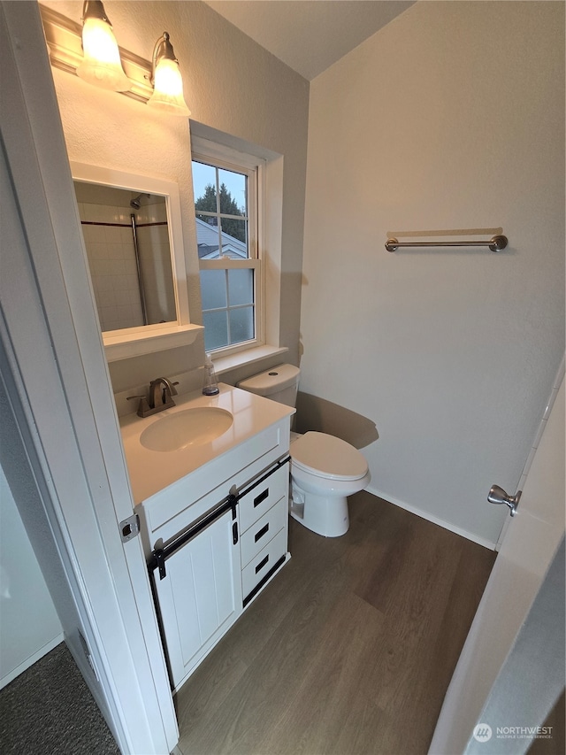 bathroom with vanity, toilet, a shower with shower curtain, and hardwood / wood-style floors