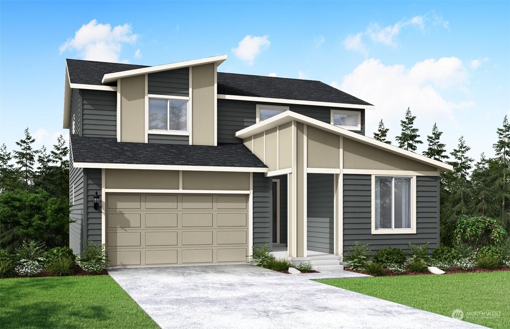 23497 Arbors Terrace Rd NE Unit 27, Kingston, WA 98346 - view of front of property featuring driveway, a front yard, an attached garage, and roof with shingles