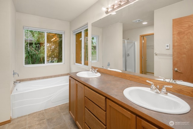 bathroom featuring vanity and separate shower and tub