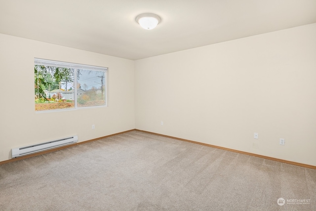 carpeted empty room with a baseboard radiator