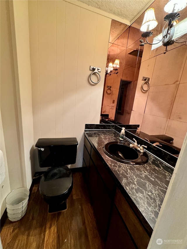 bathroom with vanity, hardwood / wood-style floors, and a textured ceiling