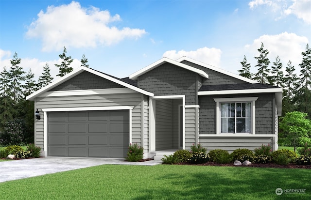 view of front of property with a garage and a front lawn