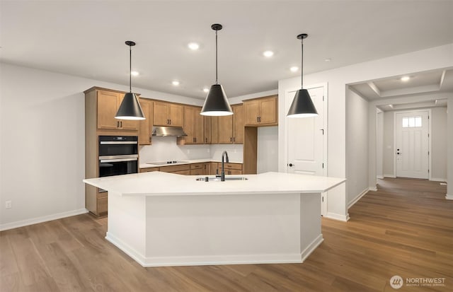 23557 Arbors Terrace Rd NE Unit 32, Kingston, WA 98346 - kitchen featuring a sink, under cabinet range hood, wood finished floors, brown cabinets, and recessed lighting