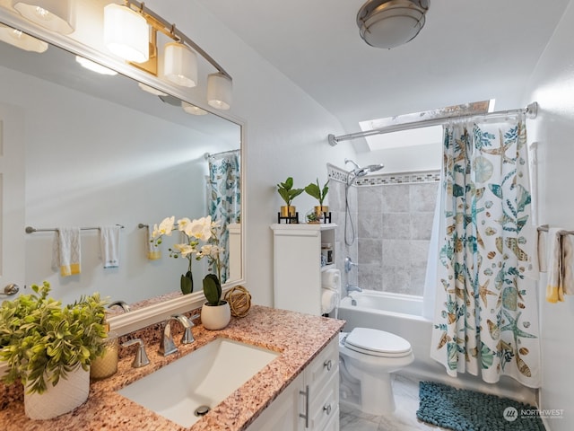 full bathroom with toilet, vanity, and shower / bathtub combination with curtain