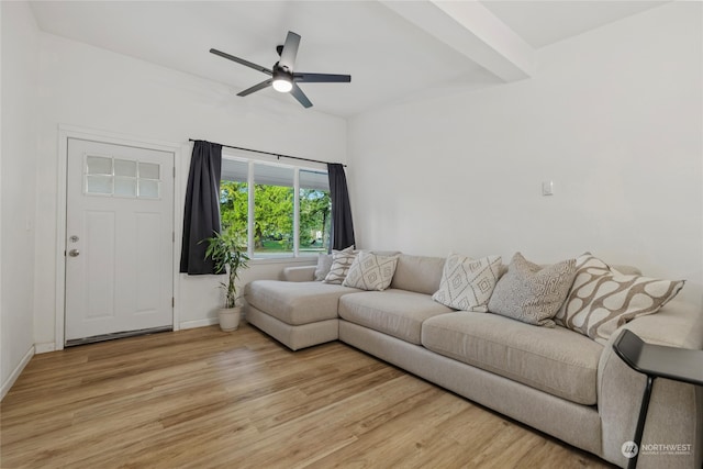 living room featuring light hardwood / wood-style floors and ceiling fan