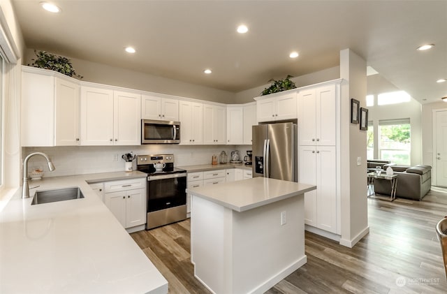 kitchen featuring a center island, hardwood / wood-style flooring, stainless steel appliances, and sink