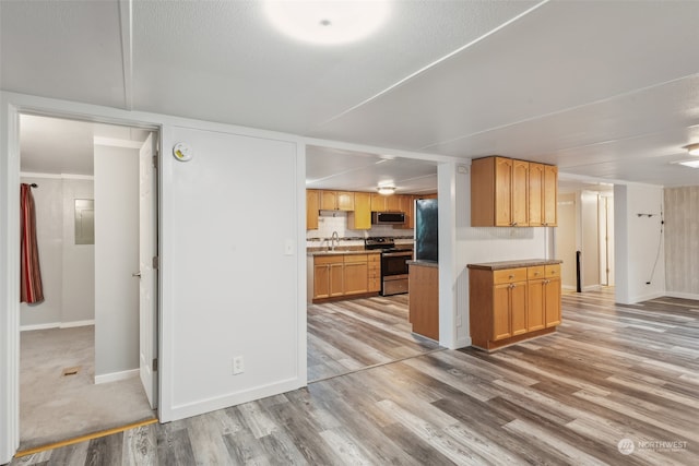 kitchen featuring sink, appliances with stainless steel finishes, light hardwood / wood-style floors, and tasteful backsplash