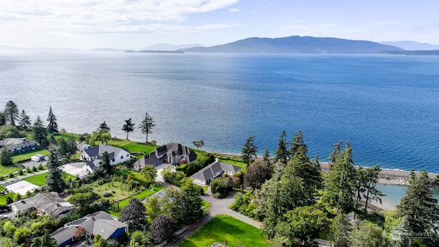 drone / aerial view with a water and mountain view