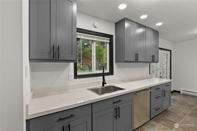 kitchen with backsplash, stainless steel dishwasher, sink, and gray cabinetry