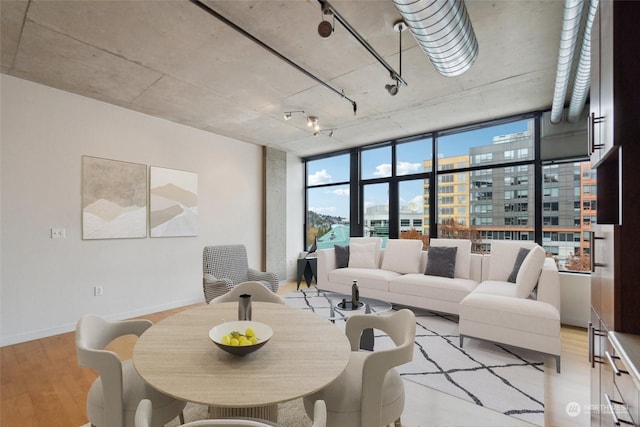 living room featuring expansive windows and light hardwood / wood-style floors