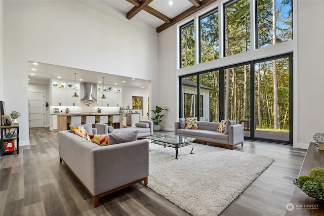 living room with beamed ceiling, wood-type flooring, and high vaulted ceiling