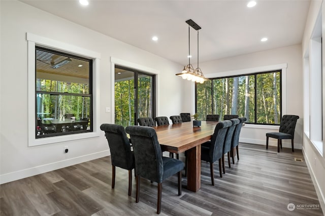 dining space with dark hardwood / wood-style flooring