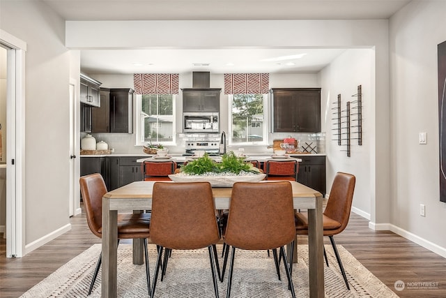 dining space featuring dark wood-type flooring