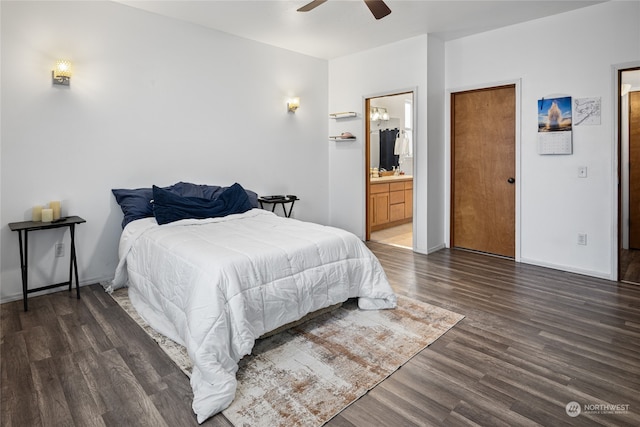 bedroom with dark hardwood / wood-style floors, ensuite bathroom, and ceiling fan