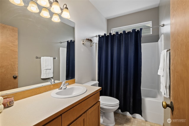 full bathroom featuring vanity, shower / tub combo with curtain, and toilet