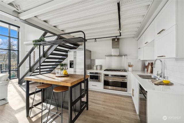 kitchen with white cabinets, wall chimney exhaust hood, sink, and appliances with stainless steel finishes