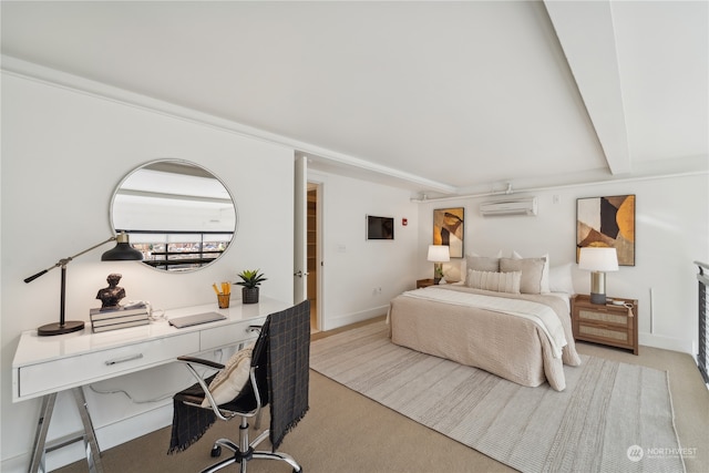 carpeted bedroom with a wall unit AC and beamed ceiling