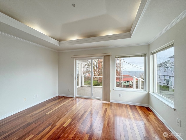 empty room with a raised ceiling, hardwood / wood-style flooring, and crown molding