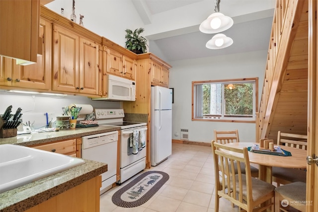 kitchen featuring sink, lofted ceiling with beams, light tile patterned flooring, pendant lighting, and white appliances