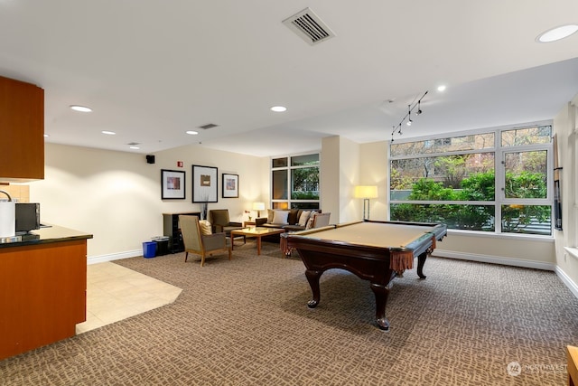 game room featuring light colored carpet, billiards, and track lighting