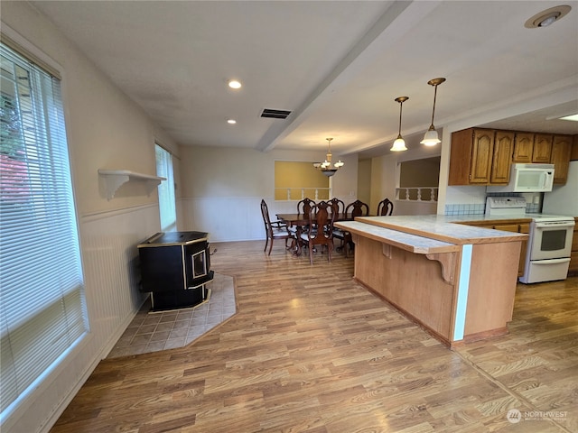 kitchen featuring white appliances, light wood-type flooring, a wood stove, and kitchen peninsula