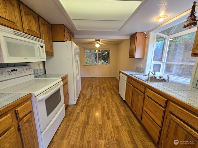 kitchen with tile countertops, sink, light hardwood / wood-style floors, and white appliances