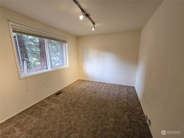 carpeted spare room with rail lighting