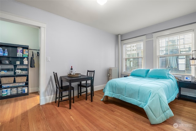 bedroom featuring light hardwood / wood-style floors and radiator