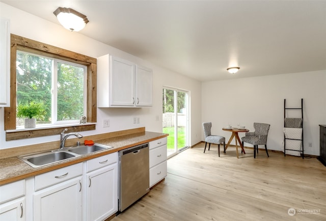 kitchen featuring white cabinetry, sink, stainless steel dishwasher, and plenty of natural light