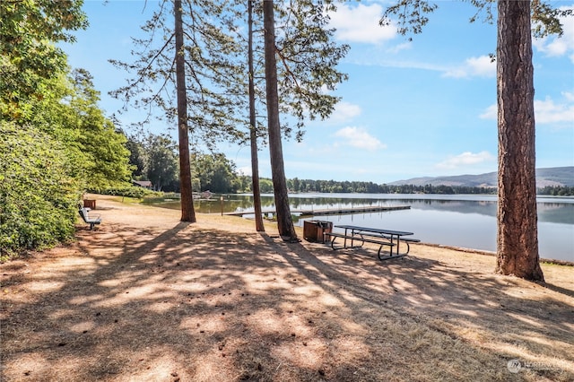 view of yard featuring a dock and a water view