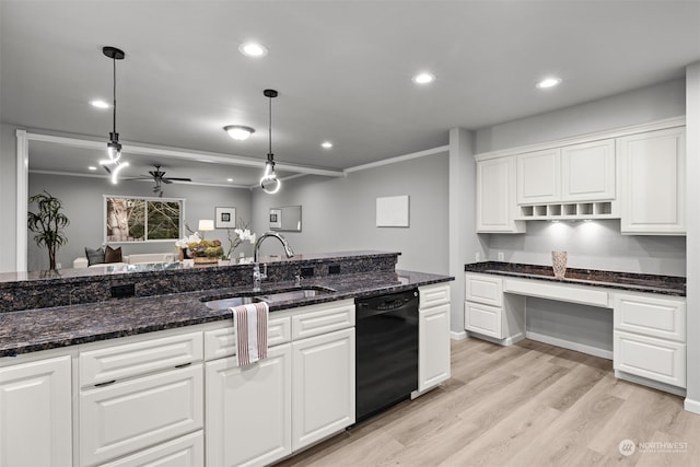 kitchen with white cabinetry, black dishwasher, dark stone counters, and hanging light fixtures