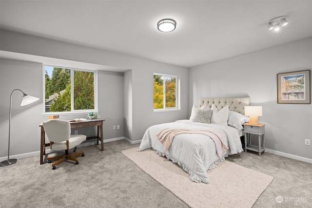 bedroom with light colored carpet