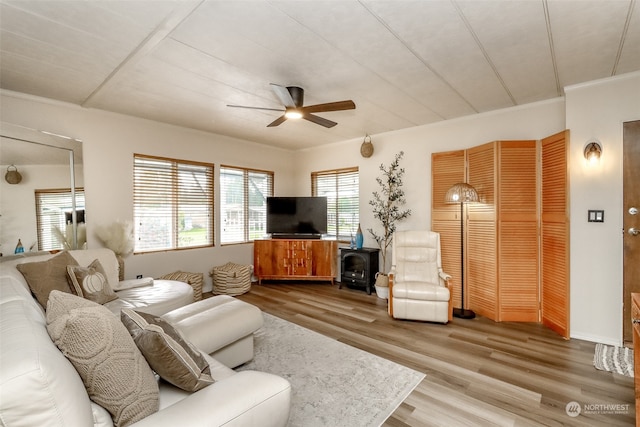 living room with hardwood / wood-style flooring and ceiling fan