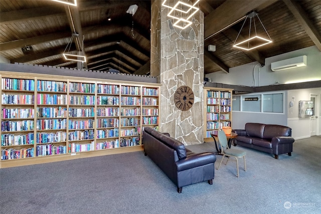 sitting room featuring an AC wall unit, vaulted ceiling with beams, carpet flooring, and wooden ceiling