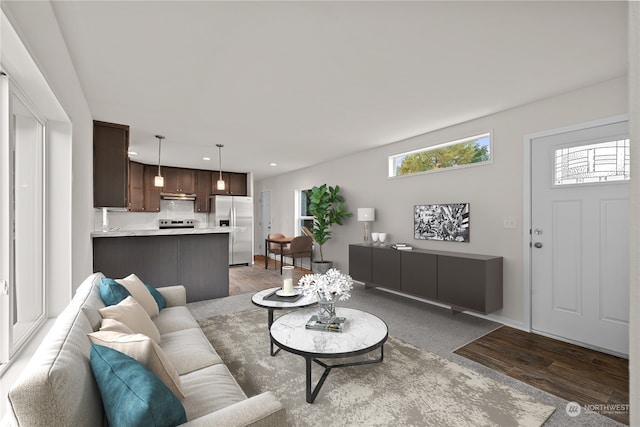 living room featuring dark wood-type flooring