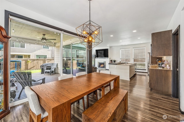 dining space with dark hardwood / wood-style flooring and ceiling fan with notable chandelier