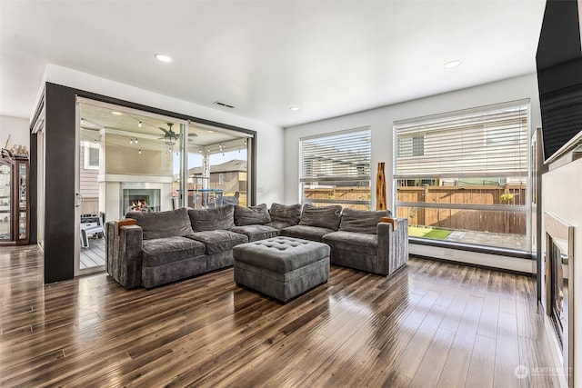 living room with dark hardwood / wood-style floors