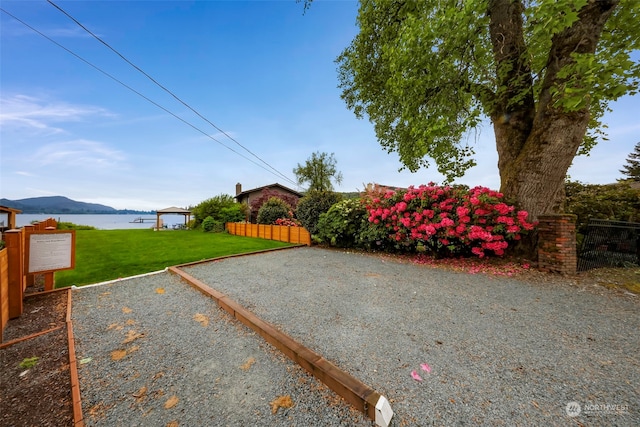 view of yard featuring a water and mountain view