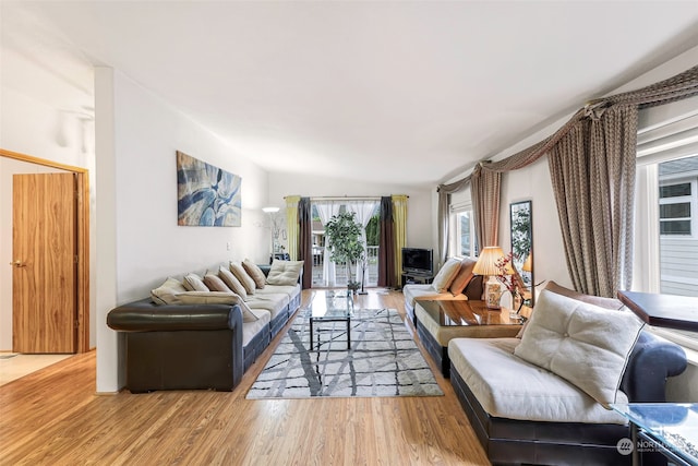 living room featuring vaulted ceiling and hardwood / wood-style flooring