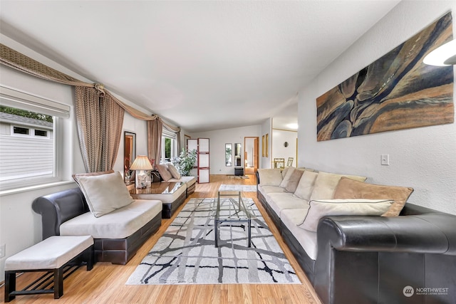 living room with light hardwood / wood-style floors, lofted ceiling, and a wealth of natural light