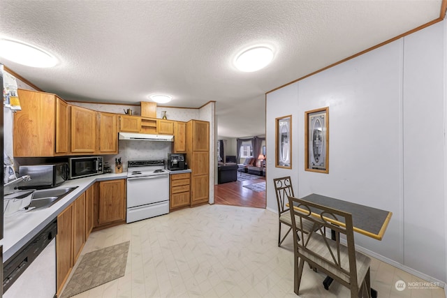 kitchen with white electric range oven, stainless steel dishwasher, crown molding, and a textured ceiling