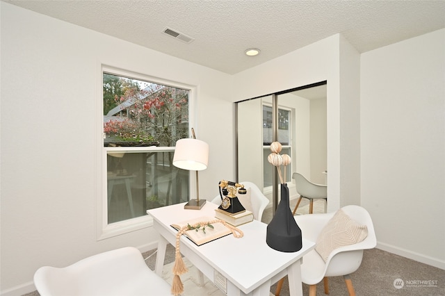 carpeted home office featuring a textured ceiling